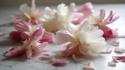 Leinwandbilder - Soft peony flowers in shades of pink and white rest elegantly on a smooth marble surface, with scattered petals enhancing the serene atmosphere