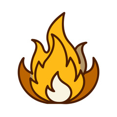 Poster - Cartoon Fire Vector Illustration On Black Background With Brown Outline And Golden Flame
