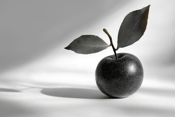 Aufkleber - A single dark apple with two leaves sits on a white surface, illuminated by a soft light.