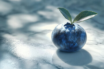 Poster - Single blueberry with its green stem, resting on a marble surface, bathed in soft light.