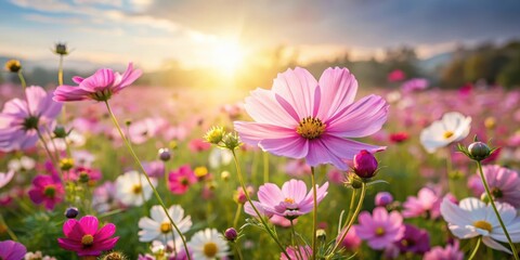 field of cosmos flowers blooming in sunlight with delicate petals and vibrant colors, nature landsca
