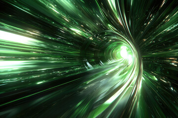Poster - Abstract green tunnel, radiating light, futuristic, speed, energy, vibrant, glossy, sleek.