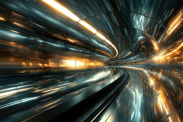 Poster - A futuristic, metallic tunnel with glowing lights, creating a sense of speed and movement.