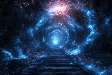 Aufkleber - A glowing blue tunnel with railroad tracks leads to a bright light at the end, suggesting a journey into the unknown.