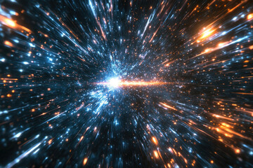 Poster - Hyperspace journey, vibrant streaks of light and energy burst through a dark cosmos.