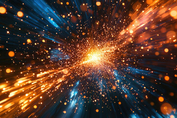 Aufkleber - Abstract cosmic explosion with vibrant orange and blue streaks, depicting energy and movement.