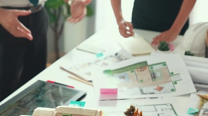 Poster - close up of smart business team hand working together to plan design while looking at project plan f