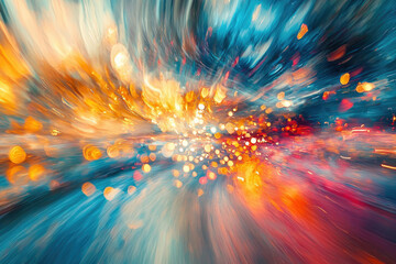 Poster - Abstract art depicting a vibrant, dynamic explosion of colorful light streaks and bokeh, creating a sense of motion and energy.