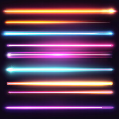 Wall Mural - Bright light beams, laser rays, neon glow effect. Abstract flares, color flashes of disco ball, party lights with rays isolated on transparent background, vector realistic set