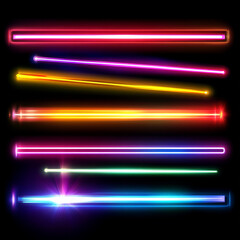 Wall Mural - Bright light beams, laser rays, neon glow effect. Abstract flares, color flashes of disco ball, party lights with rays isolated on transparent background, vector realistic set