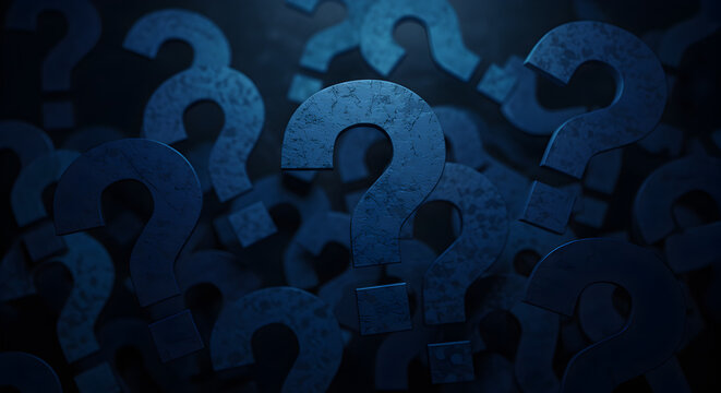 Textured Blue Question Marks on a Dark Background with Conceptual and Abstract Elements