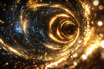 Poster - A mesmerizing vortex of golden light and shimmering particles spirals into a dark abyss, creating a cosmic spectacle.