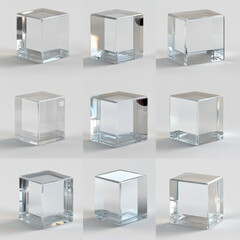 Poster - Transparent glass cube product podium in different angles of view. Realistic 3d vector set of crystal or plexiglass square stand for display display and presentation. Geometric showcase mockup.