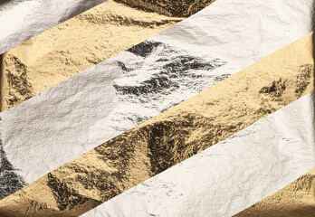 Poster - Gold and silver foil texture with diagonal stripes. Shiny metallic background with crumpled surface, glossy shimmer, elegant contrast, decorative chic design, stylish and modern..