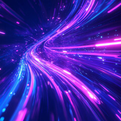 Poster - Neon arrow boost abstract background. Glowing shiny lines and shapes in dynamic composition, speed motion trail effect. Futuristic progress technology style design in vibrant blue and purple colors.