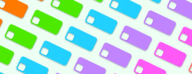 Poster - Phone case mockup with a repeating pattern of bright, colorful designs. Different cases arranged in a minimalistic, creative flat lay style. Showcasing modern technology with a focus on protection