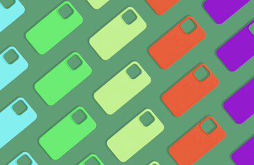 Poster - Phone case, repeating, colorful pattern arranged in a minimalistic, flat lay style. Bright, creative designs showcasing protection and accessory functionality. Captured from an overhead view,.