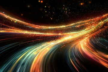 Poster - Abstract swirling light trails with golden sparkles on a dark background, creating a dynamic and energetic cosmic scene.