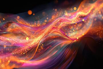 Poster - Abstract art depicting swirling, glowing strands of orange and pink, interspersed with bokeh lights.