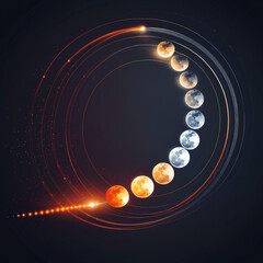 Wall Mural - Solar eclipse total and partial phase space vector. Lunar ring cycle with different sun shine. 3d cosmos magic moonphase half and complete effect. Neon astrology sphere glow sequence for night sky