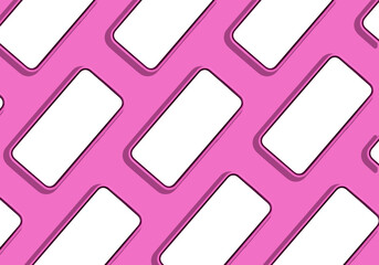 Poster - Phone mockup with multiple mobile screens arranged in a repeating pattern. Clean, empty frames on smartphones, showcasing modern technology in a minimal, creative design. Captured in a flat lay view.