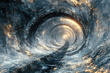Aufkleber - A swirling, ethereal tunnel of light and shadow, leading towards a bright, distant end.