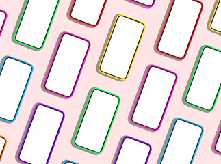 Poster - Phone mockup with multiple smartphones arranged in a row, displaying clean, blank screens. Bright, pink, and colorful devices showcasing modern technology in a minimal, creative flat lay design.