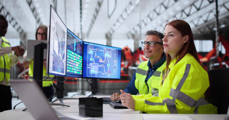 Fototapete - Engineer Monitors Electric Car Production Using SCADA System