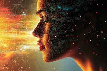 Poster - A woman's face is formed from digital data streams, symbolizing the convergence of technology and humanity.