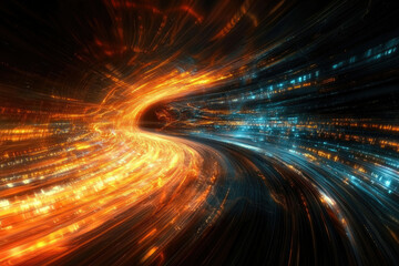 Poster - A swirling tunnel of vibrant orange and blue light streaks, resembling a futuristic hyperspace or digital realm.