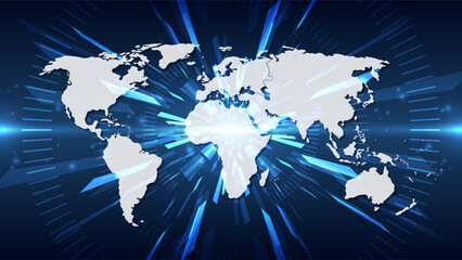Poster - Abstract digital world map with glowing lines and blue background. Vector illustration.