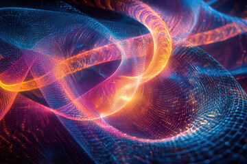 Poster - Abstract swirling digital artwork with vibrant orange and blue hues, creating a mesmerizing, interconnected network.