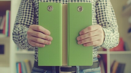 Poster - Person holding a green book in an office environment while engaged in learning and professional development activities