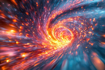 Poster - A fiery, swirling vortex of light and energy, resembling a cosmic tunnel or wormhole.