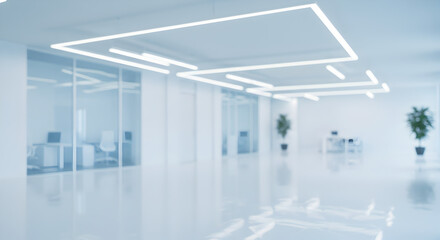 Poster - Modern Office Interior with White Walls and Glass Partitions Featuring Minimalist Geometric Lighting Design and Shiny Floors
