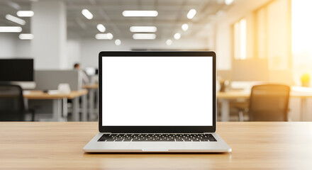Poster - Laptop with Blank Screen on Wooden Desk in Modern Office Interior with Natural Light
