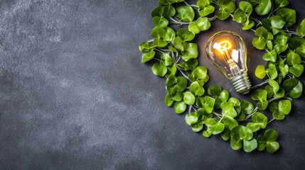 Poster - Light bulb surrounded by lush green leaves representing innovative eco-friendly ideas and sustainable solutions