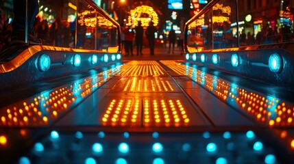 Poster - A bustling city street illuminated at night with led floor panels providing energy feedback and vibrant urban atmosphere