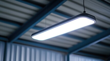 Poster - A sleek led light fixture suspended from the ceiling featuring a motion sensor for enhanced office lighting efficiency