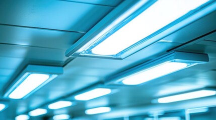 Poster - Contemporary office hallway illuminated by striking blue led lighting creating a unique mood and atmosphere
