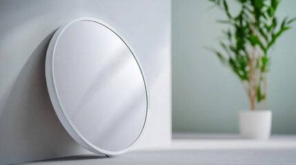Poster - White round mirror is sitting on a wall next to a potted plant. The mirror is reflecting the sunlight coming in from the window, creating a bright and cheerful atmosphere in the room