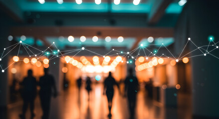 Aufkleber - Blurred People Walking in a Tunnel with Abstract Network of Orange and Blue Lights and Bokeh Effect