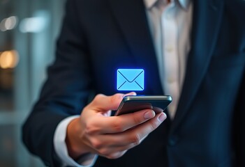 Poster - Email campaign alert concept. New email send notification for business e-mail communication. Digital marketing, internet technology. Inbox receives electronic message invite. Man touch on newsletter.