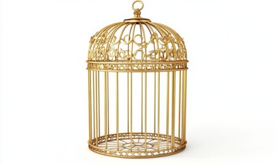 Empty golden birdcage on white background; freedom concept; website design