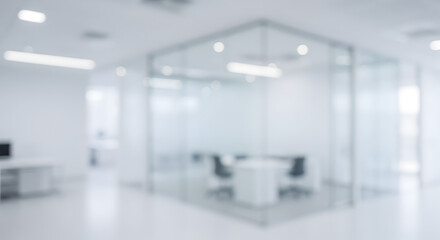 Poster - Blurred Modern Office Interior with Glass Room Meeting Table and Chairs in Minimalist Style