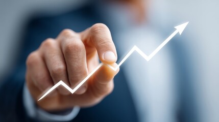 Poster - Man is pointing to a graph with a rising arrow. Concept of progress and growth, as the upward trend of the graph suggests that something is improving or advancing