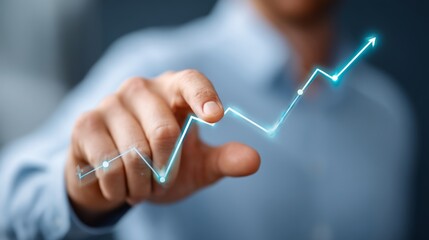 Poster - Man is pointing at a graph with a blue line. The graph is showing a positive trend, and the man is emphasizing this by pointing at it. Concept of progress and growth