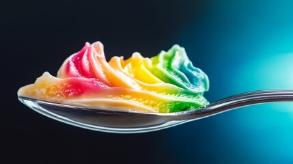 Poster - A spoonful of rainbow colored frosting is shown on a blue background. The frosting is a mix of different colors, creating a vibrant and eye-catching display