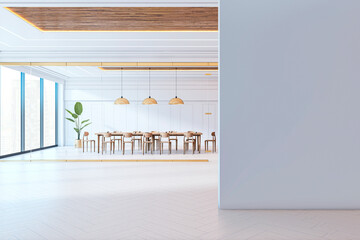 Aufkleber - Modern office meeting room with large blank wall for mockup display, featuring wooden furniture and ceiling lights in clean interior setting. 3D Rendering