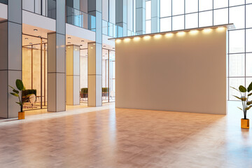 Poster - Blank wall mockup in modern office interior with large windows, polished floor, and warm lighting for display or presentation concept. 3D Rendering